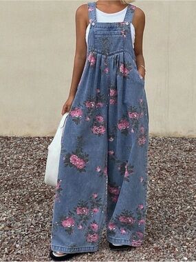 Blue Boho Women's Denim Pleated Wide-Leg Floral Jumpsuit